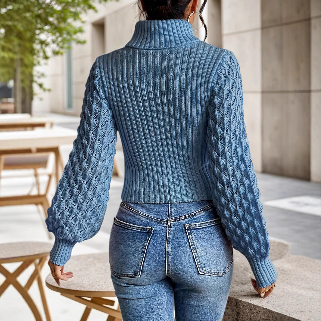 Damen Rollkragen-Strickpullover mit Hohlmuster – Cable Knit Design
